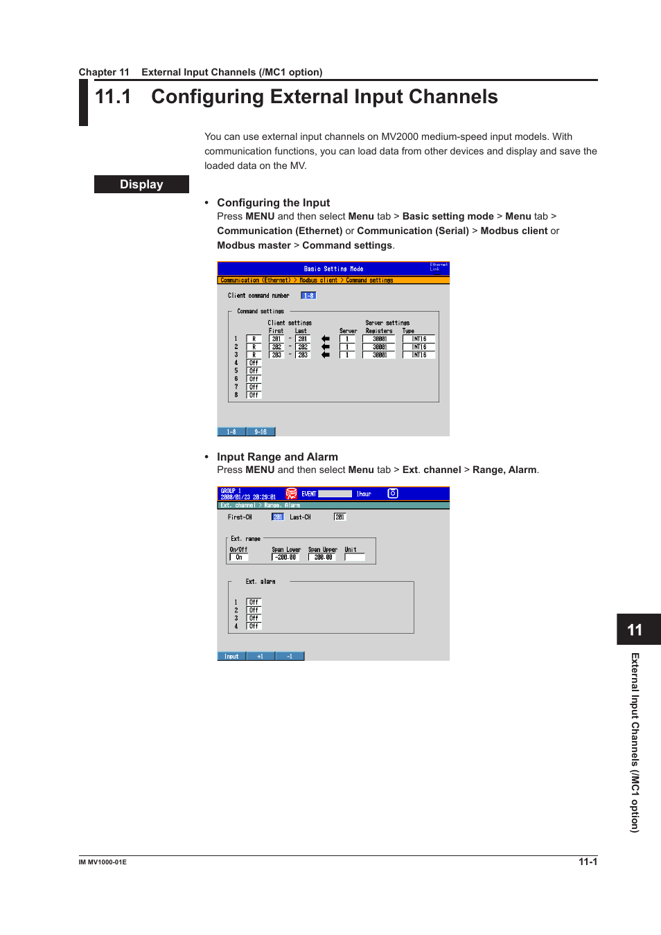 Chapter 11 external input channels (/mc1 option), 1 configuring external input channels, Chapter 11 external input channels (/mc1 opton) | 1 configuring external input channels -1, 1 confgurng external input channels | Yokogawa Button Operated MV2000 User Manual | Page 240 / 310