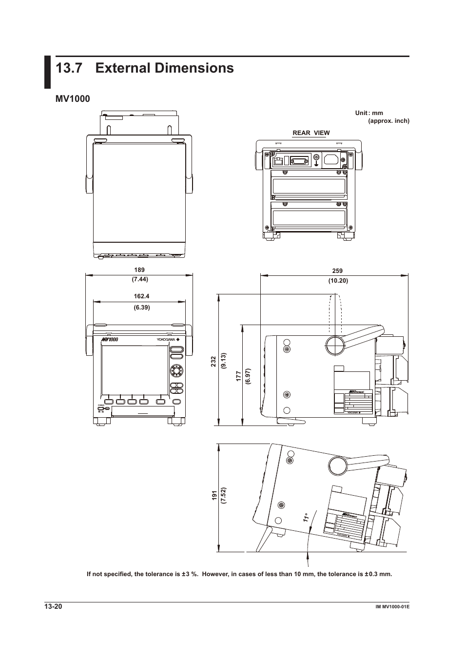 7 external dimensions, 7 external dimensions -20, 7 external dmensons | Mv1000 | Yokogawa Button Operated MV2000 User Manual | Page 288 / 310