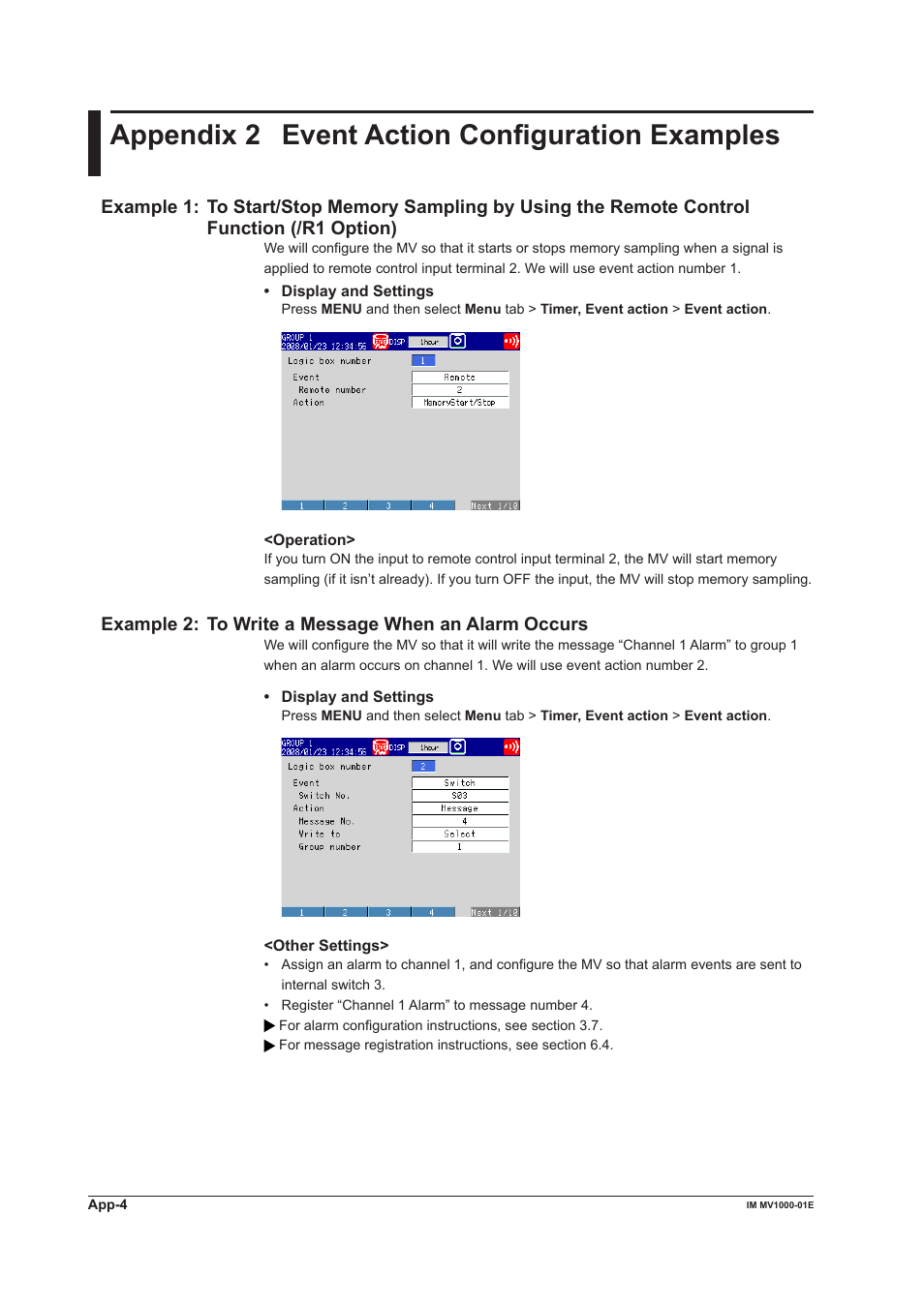 Appendix 2 event action configuration examples, Appendix 2, Appendx 2 event acton confguraton examples | Example 2: to wrte a message when an alarm occurs | Yokogawa Button Operated MV2000 User Manual | Page 296 / 310