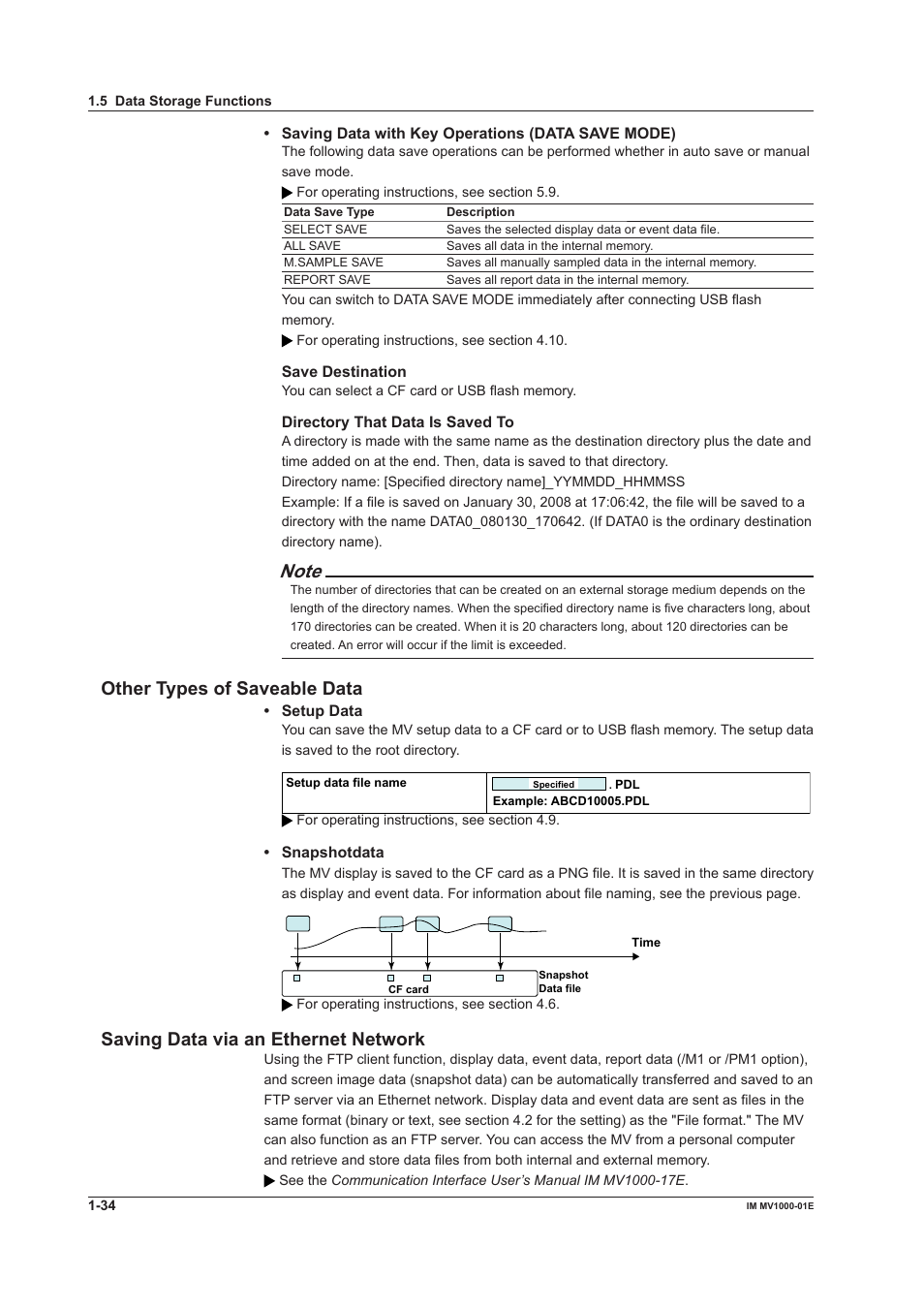 Other types of saveable data, Savng data va an ethernet network | Yokogawa Button Operated MV2000 User Manual | Page 43 / 310