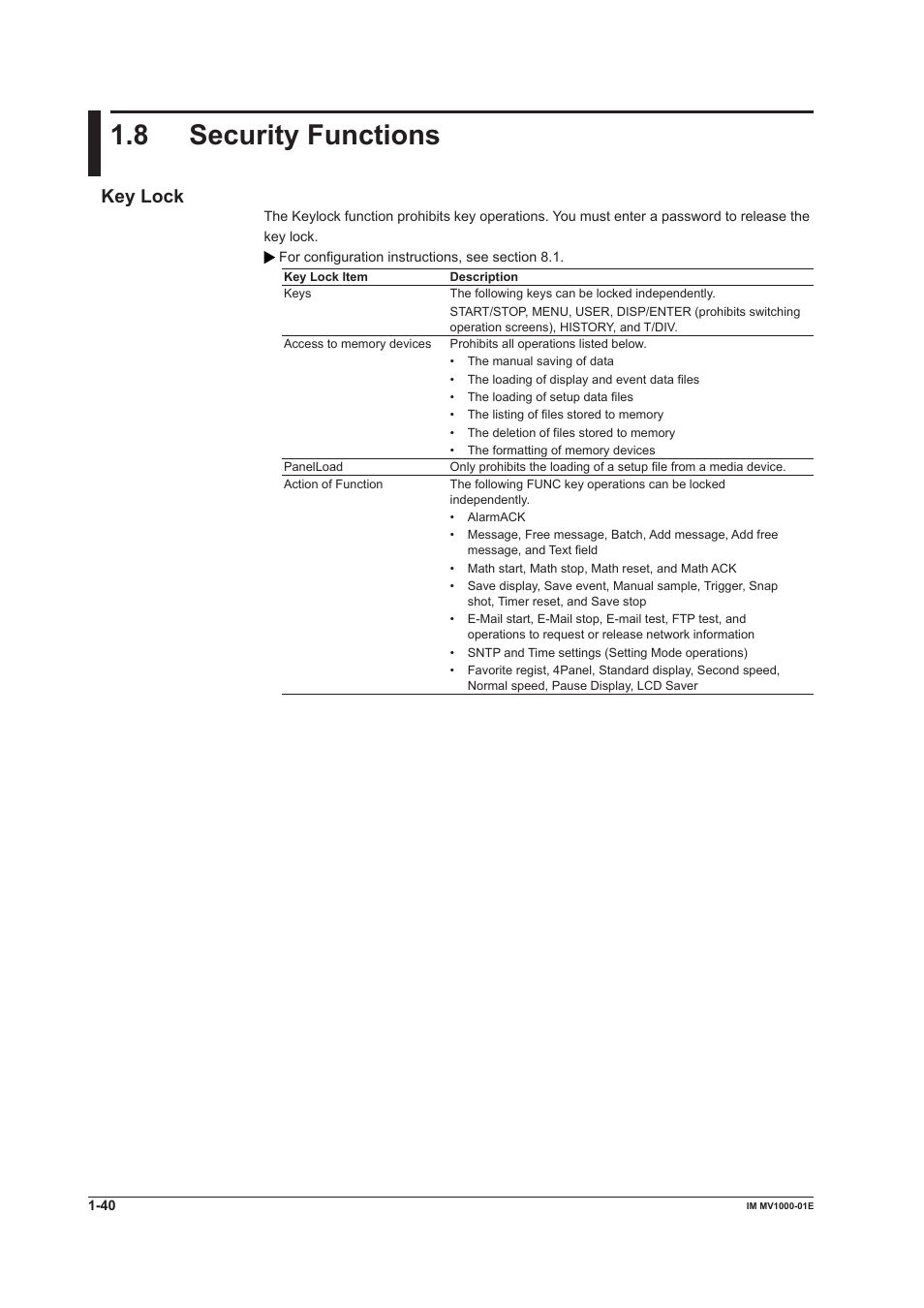 8 security functions, 8 security functions -40, 8 securty functons | Key lock | Yokogawa Button Operated MV2000 User Manual | Page 49 / 310