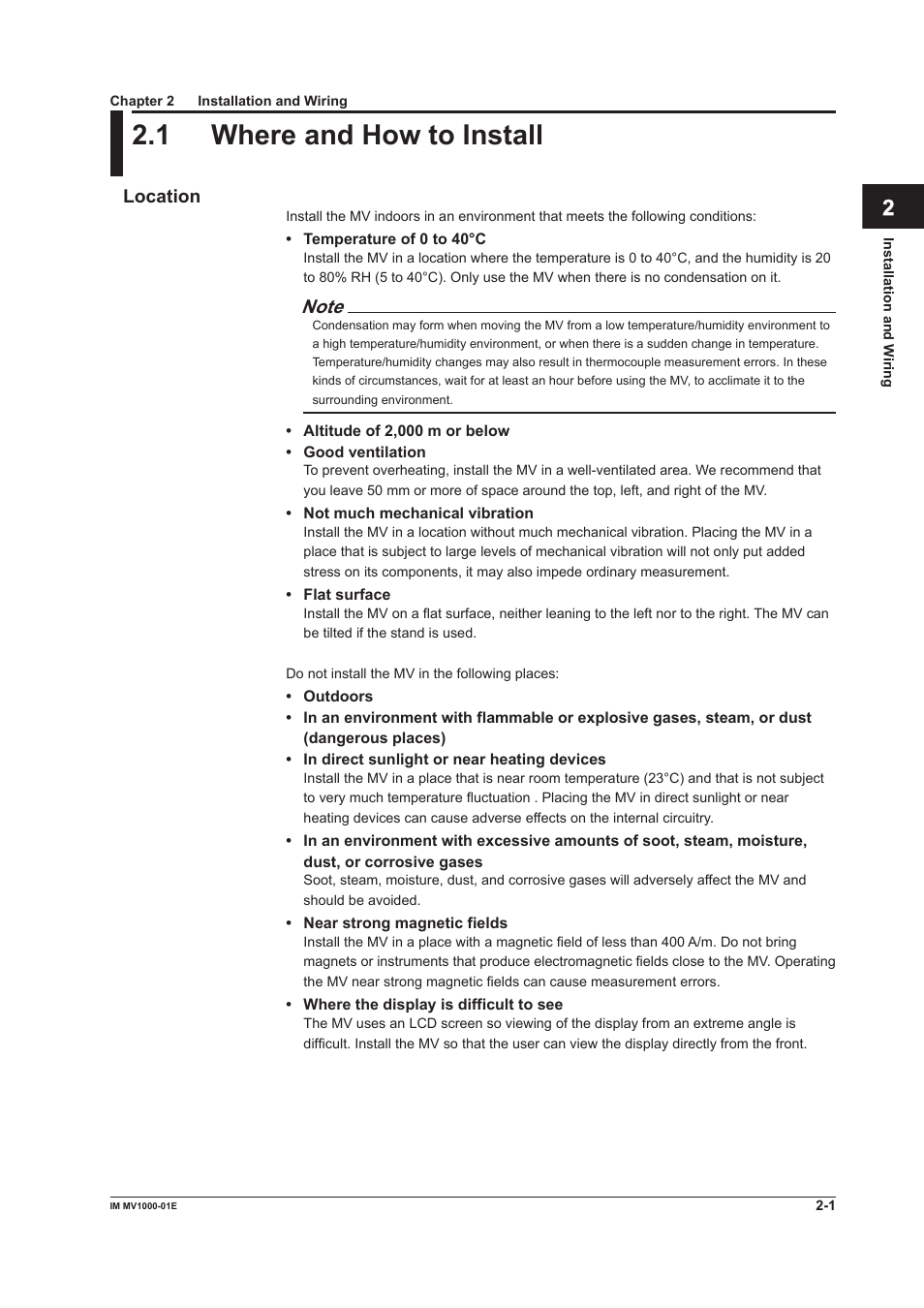 Chapter 2 installation and wiring, 1 where and how to install, Chapter 2 installaton and wrng | 1 where and how to install -1 | Yokogawa Button Operated MV2000 User Manual | Page 61 / 310