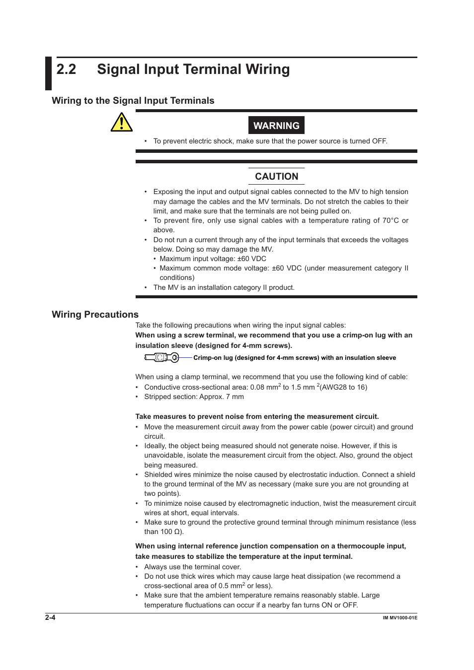 2 signal input terminal wiring, 2 signal input terminal wiring -4, 2 sgnal input termnal wrng | Wrng to the sgnal input termnals war warning, Caution, Wrng precautons | Yokogawa Button Operated MV2000 User Manual | Page 64 / 310
