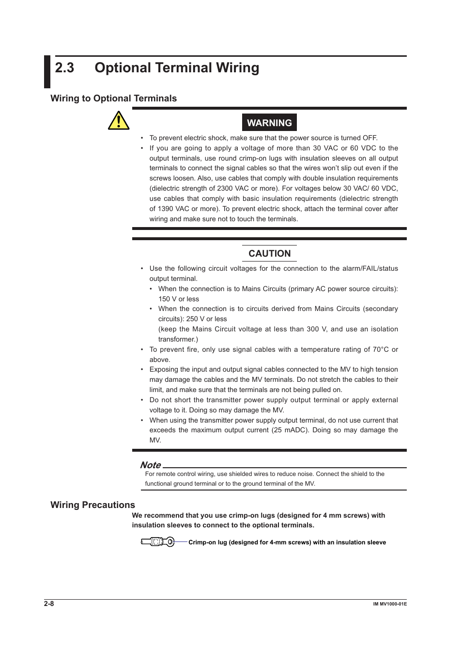 3 optional terminal wiring, 3 optional terminal wiring -8, 3 optonal termnal wrng | Wrng to optonal termnals warning, Caution, Wrng precautons | Yokogawa Button Operated MV2000 User Manual | Page 68 / 310