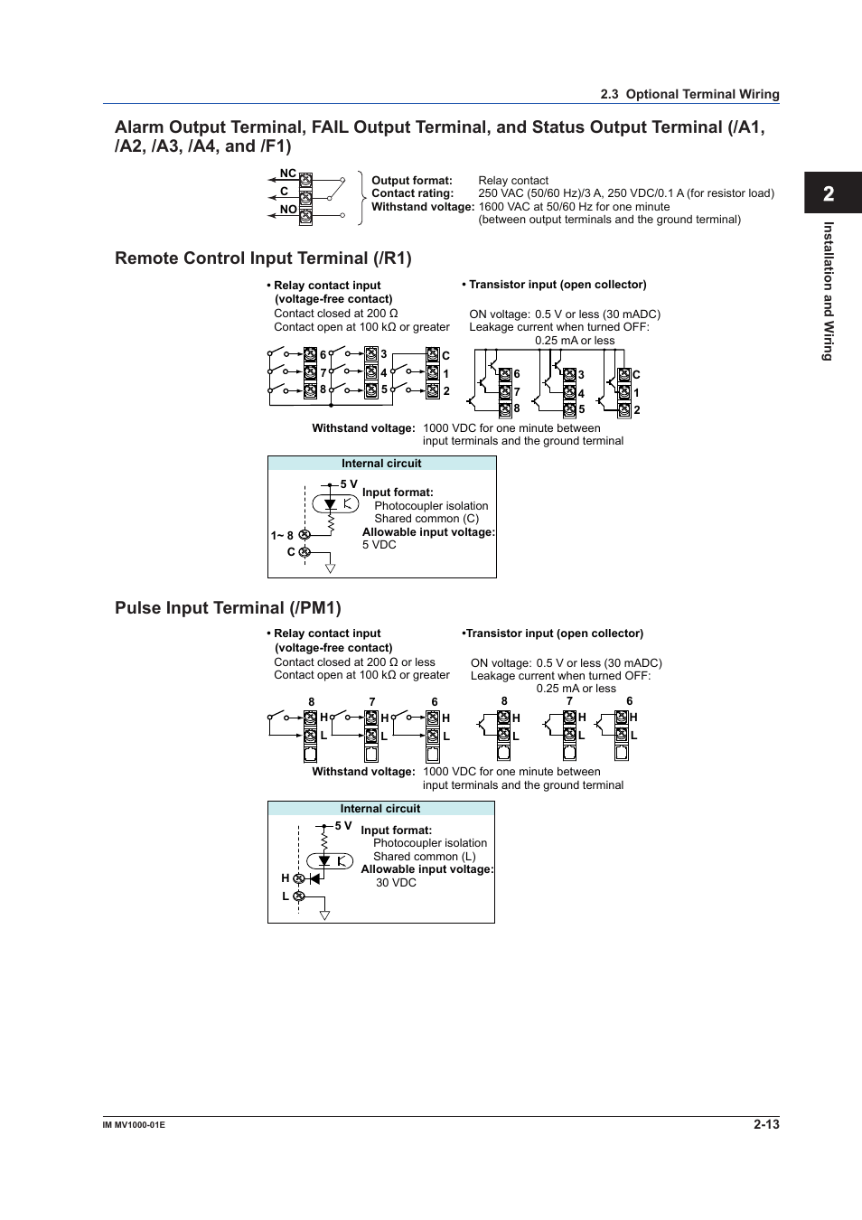 Remote control input termnal (/r1), Pulse input termnal (/pm1) | Yokogawa Button Operated MV2000 User Manual | Page 73 / 310