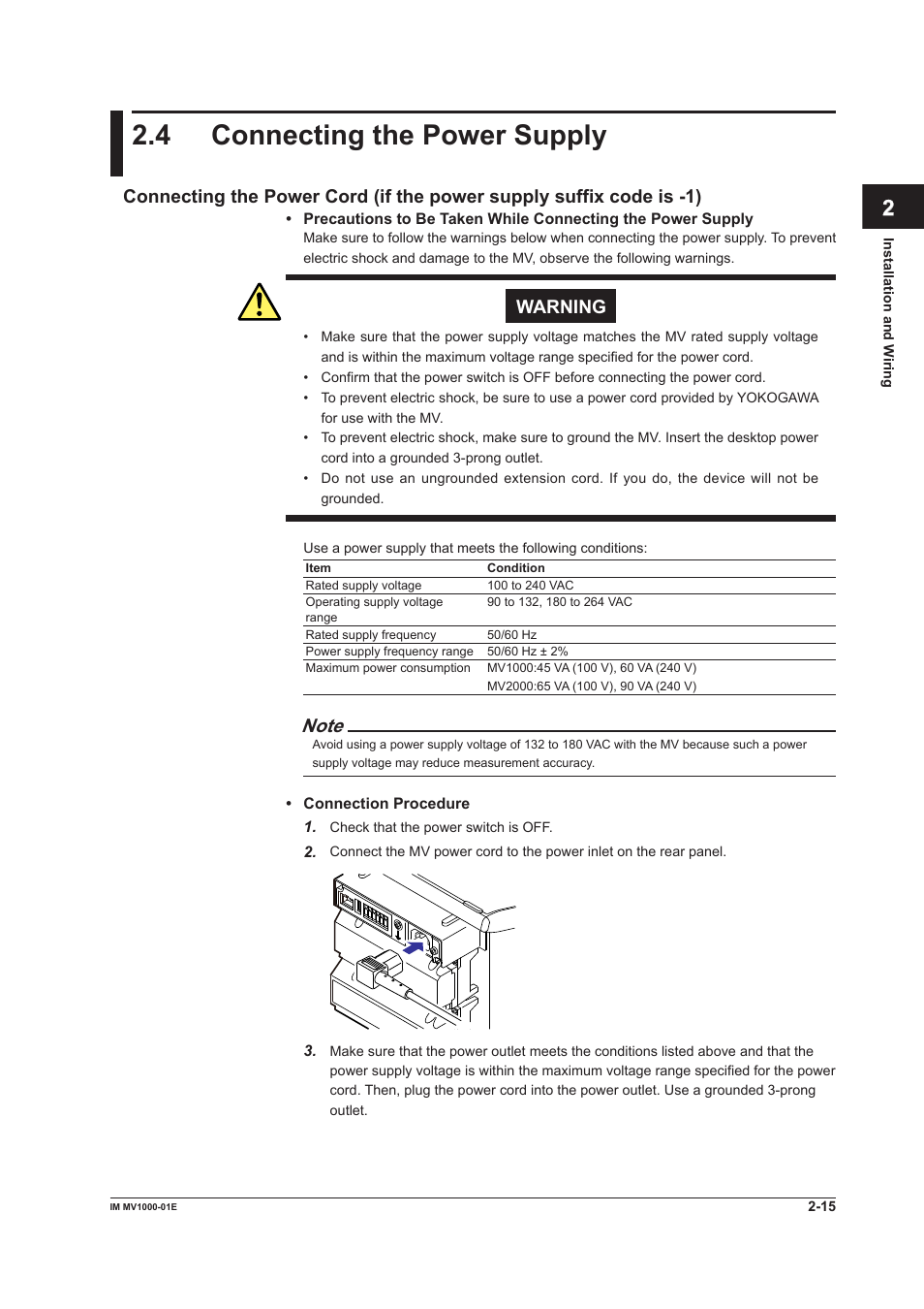 4 connecting the power supply, 4 connecting the power supply -15, 4 connectng the power supply | Yokogawa Button Operated MV2000 User Manual | Page 75 / 310