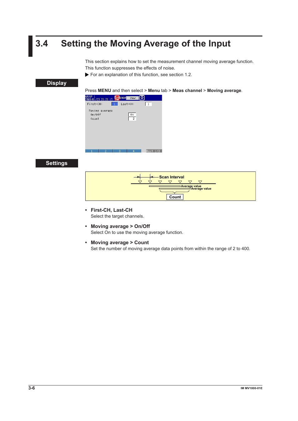 4 setting the moving average of the input, 4 setting the moving average of the input -6, 4 settng the movng average of the input | Yokogawa Button Operated MV2000 User Manual | Page 86 / 310