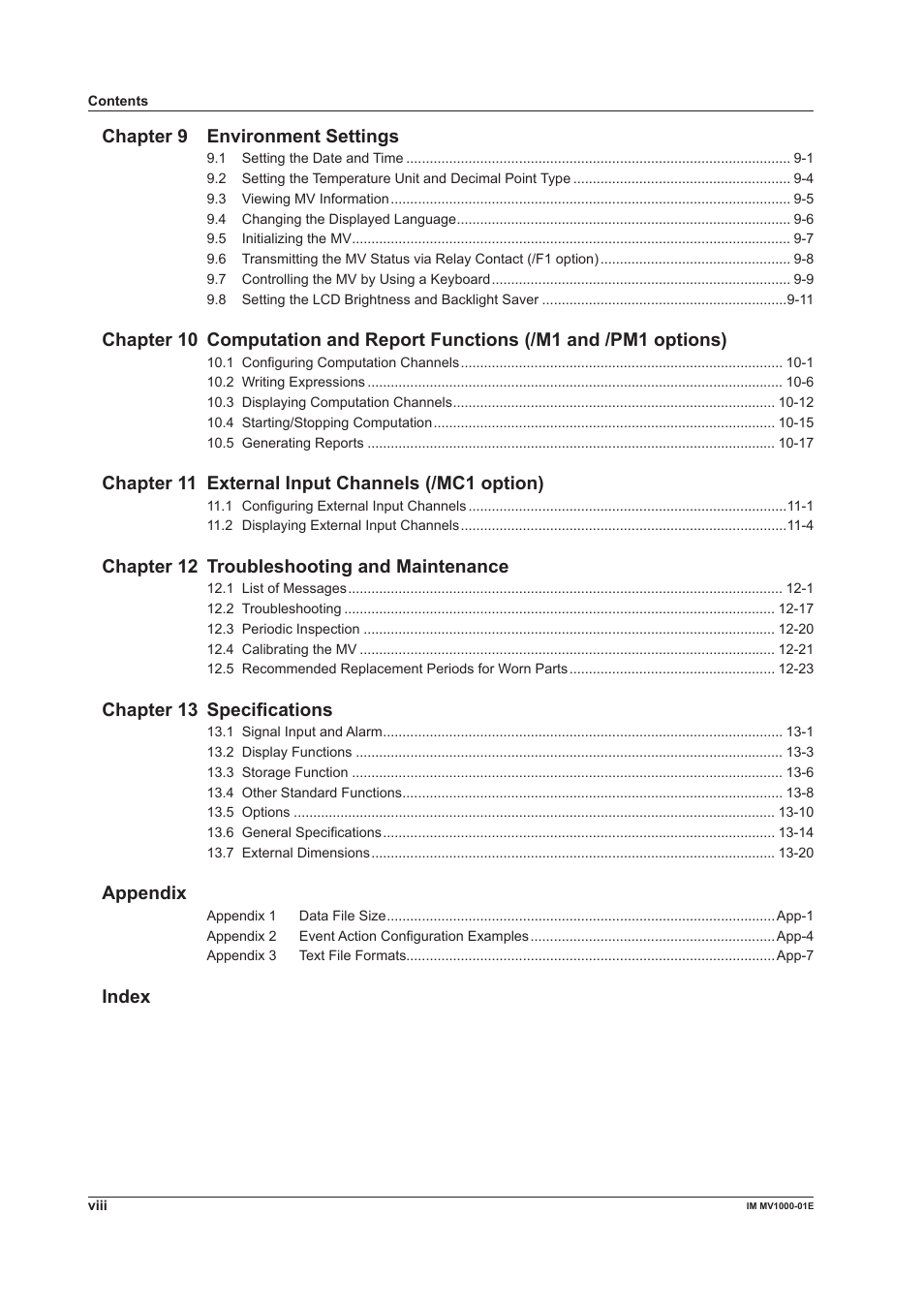 Chapter 9 envronment settngs, Chapter 11 external input channels (/mc1 opton), Chapter 12 troubleshootng and mantenance | Chapter 13 specfcatons, Appendx, Index | Yokogawa Button Operated MV2000 User Manual | Page 9 / 310