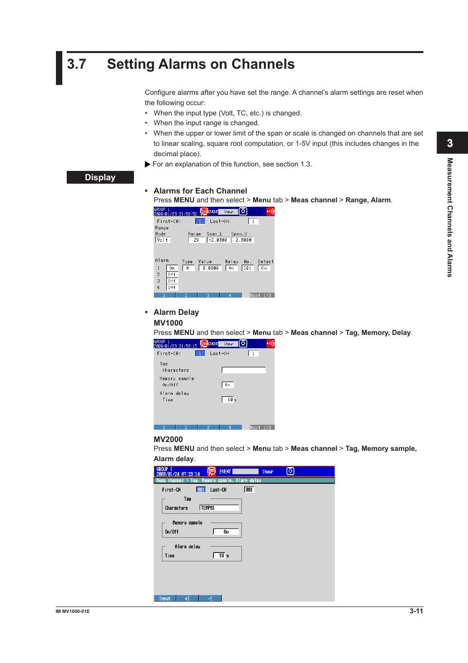 7 setting alarms on channels, 7 setting alarms on channels -11, 7 settng alarms on channels | Yokogawa Button Operated MV2000 User Manual | Page 91 / 310