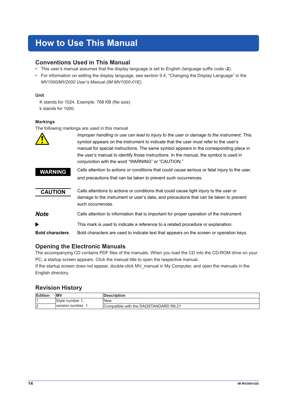 How to use this manual, Conventions used in this manual, Opening the electronic manuals | Revision history | Yokogawa Button Operated MV2000 User Manual | Page 14 / 58