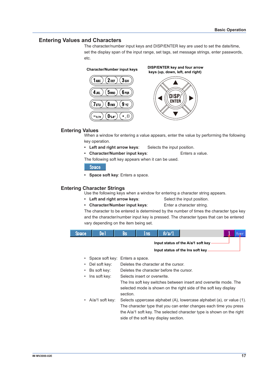 Entering values and characters | Yokogawa Button Operated MV2000 User Manual | Page 17 / 58