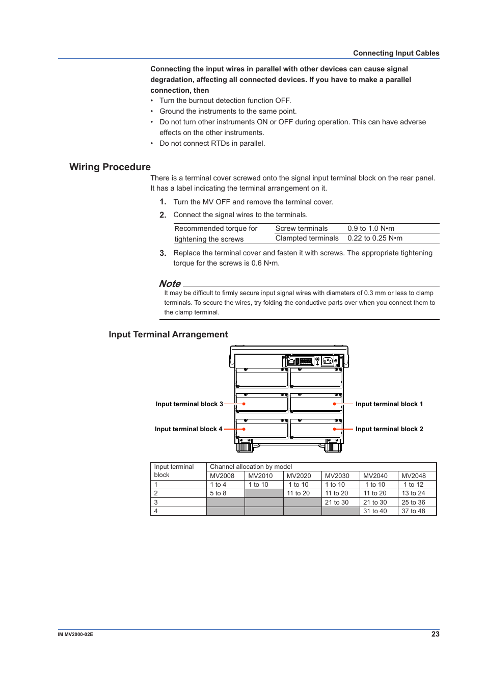 Wiring procedure, Input terminal arrangement | Yokogawa Button Operated MV2000 User Manual | Page 23 / 58