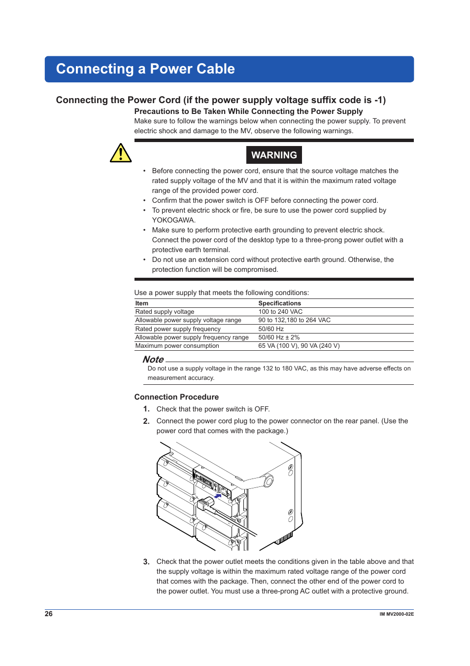 Connecting a power cable, Fi warning | Yokogawa Button Operated MV2000 User Manual | Page 26 / 58