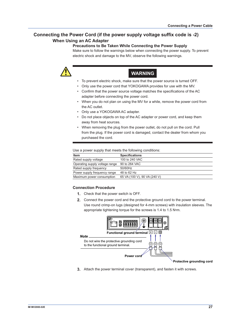 When using an ac adapter, Warning | Yokogawa Button Operated MV2000 User Manual | Page 27 / 58