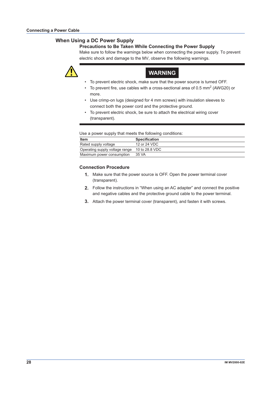 When using a dc power supply, Warning | Yokogawa Button Operated MV2000 User Manual | Page 28 / 58