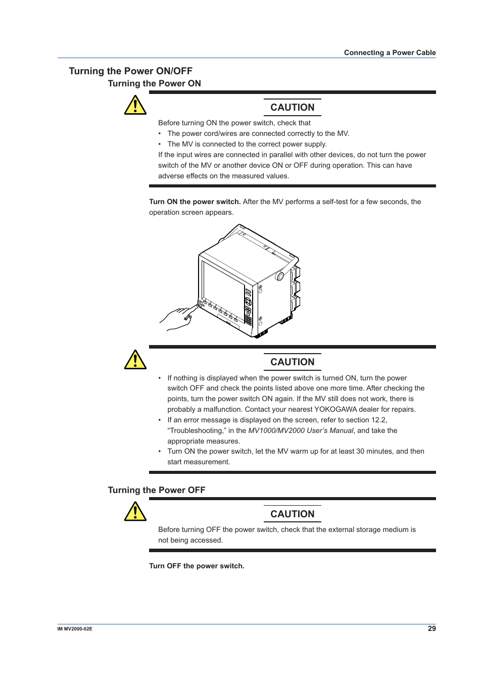 Turning the power on/off, Caution | Yokogawa Button Operated MV2000 User Manual | Page 29 / 58