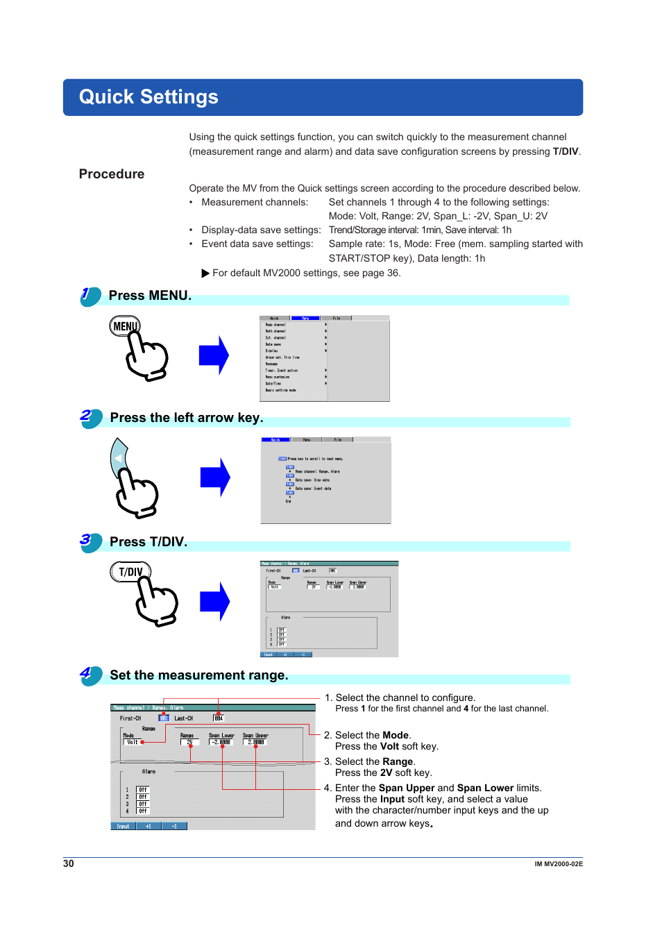 Quick settings, Procedure | Yokogawa Button Operated MV2000 User Manual | Page 30 / 58