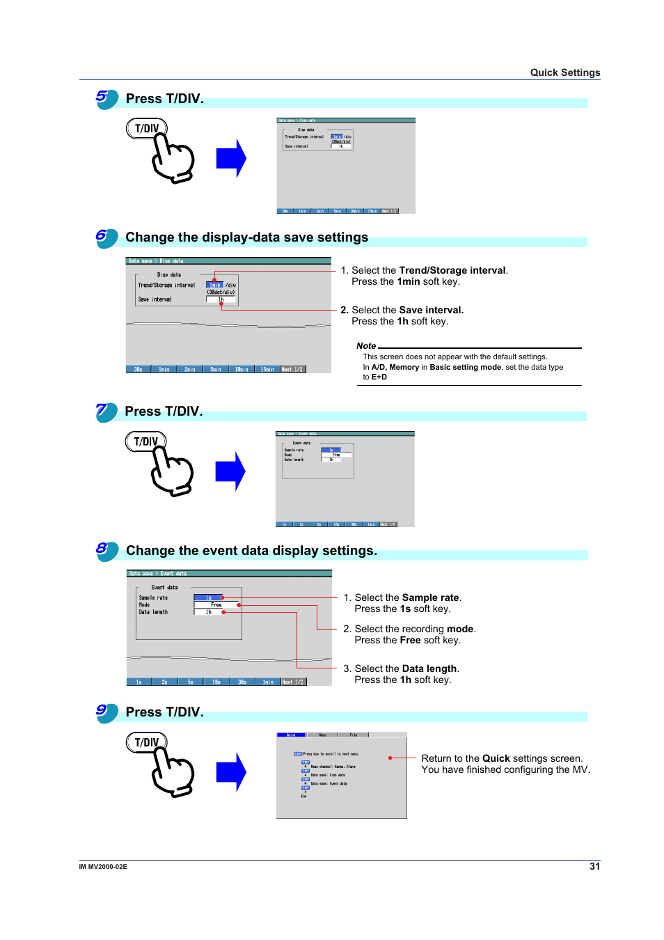 Press t/div. change the display-data save settings, Press t/div | Yokogawa Button Operated MV2000 User Manual | Page 31 / 58