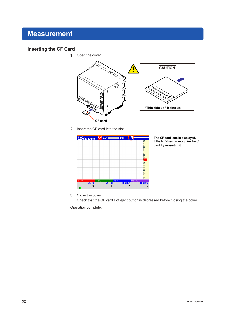 Measurement, Inserting the cf card | Yokogawa Button Operated MV2000 User Manual | Page 32 / 58