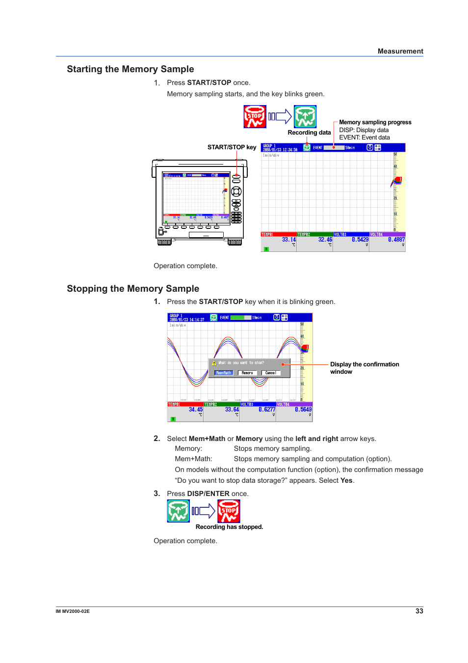 Starting the memory sample, Stopping the memory sample | Yokogawa Button Operated MV2000 User Manual | Page 33 / 58