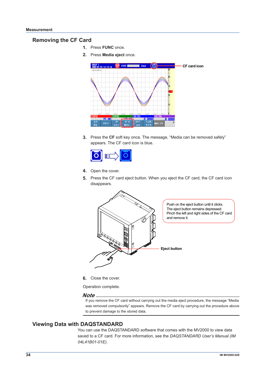 Removing the cf card, Viewing data with daqstandard, Removing the cf card viewing data with daqstandard | Yokogawa Button Operated MV2000 User Manual | Page 34 / 58