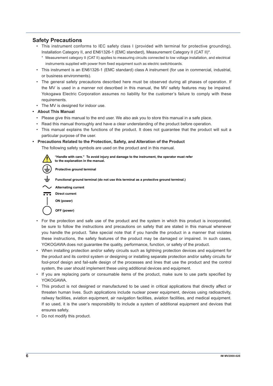 Safety precautions | Yokogawa Button Operated MV2000 User Manual | Page 6 / 58