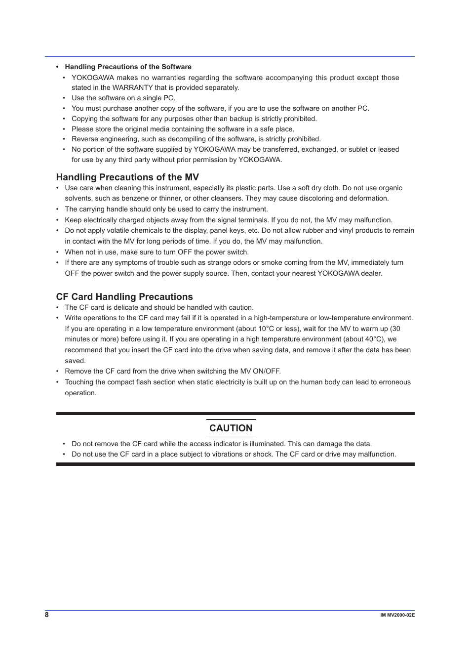 Handling precautions of the mv, Cf card handling precautions, Caution | Yokogawa Button Operated MV2000 User Manual | Page 8 / 58