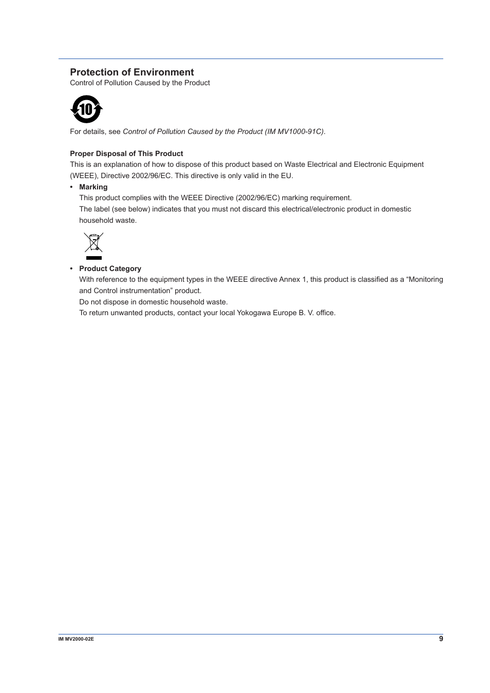 Protection of environment | Yokogawa Button Operated MV2000 User Manual | Page 9 / 58