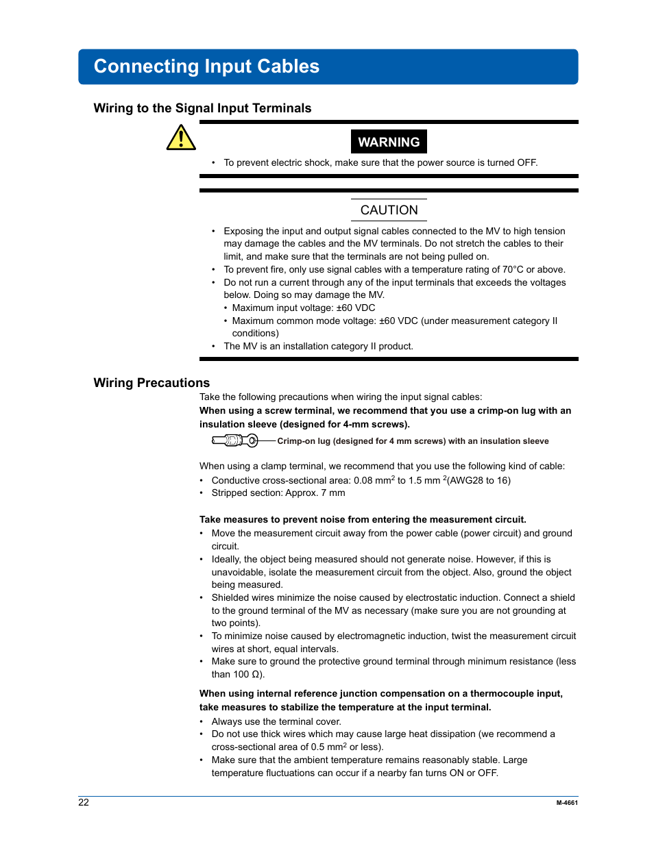 Connecting input cables, Wiring to the signal input terminals warning, Caution | Wiring precautions | Yokogawa Button Operated MV2000 User Manual | Page 21 / 55