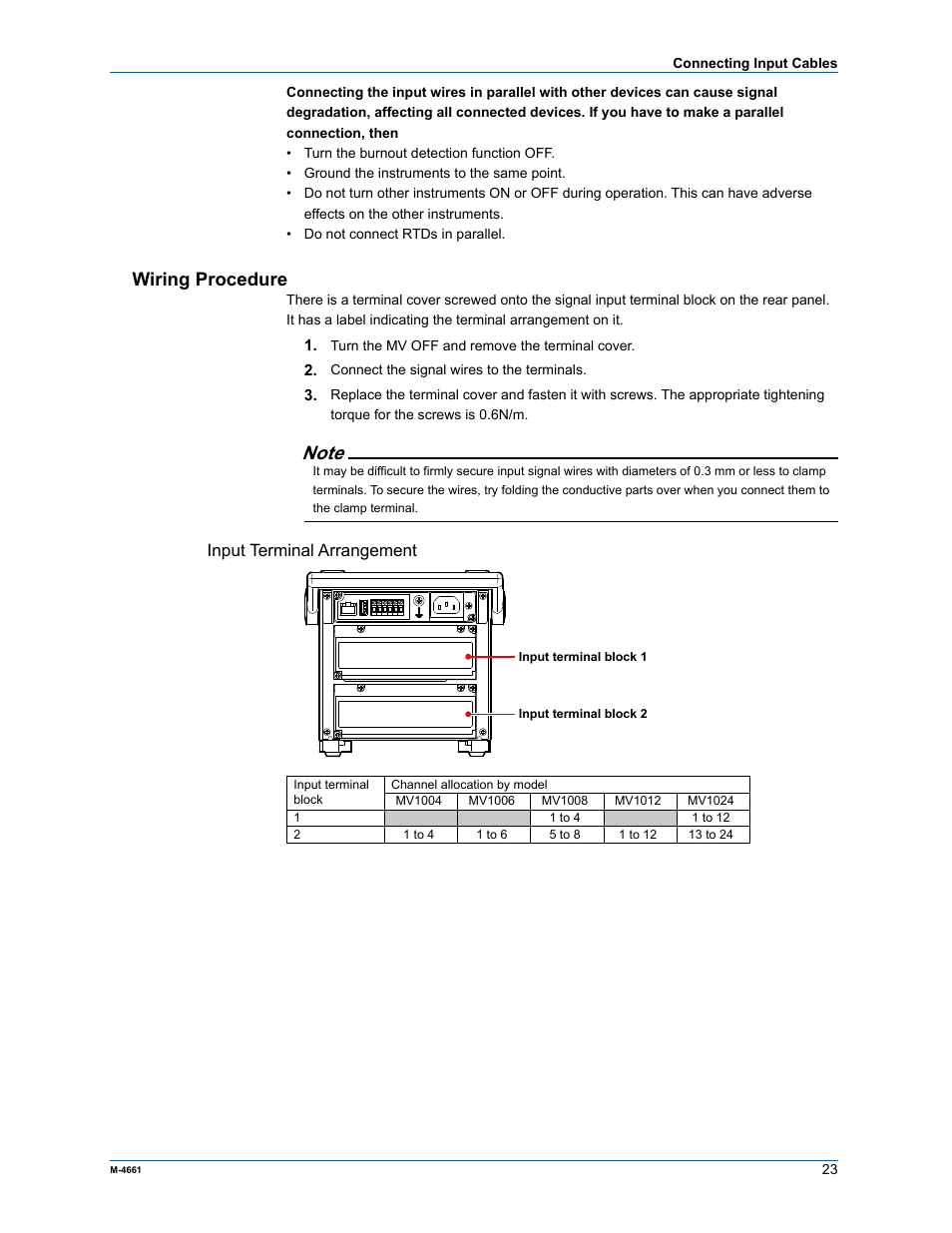 Wiring procedure, Input terminal arrangement | Yokogawa Button Operated MV2000 User Manual | Page 22 / 55