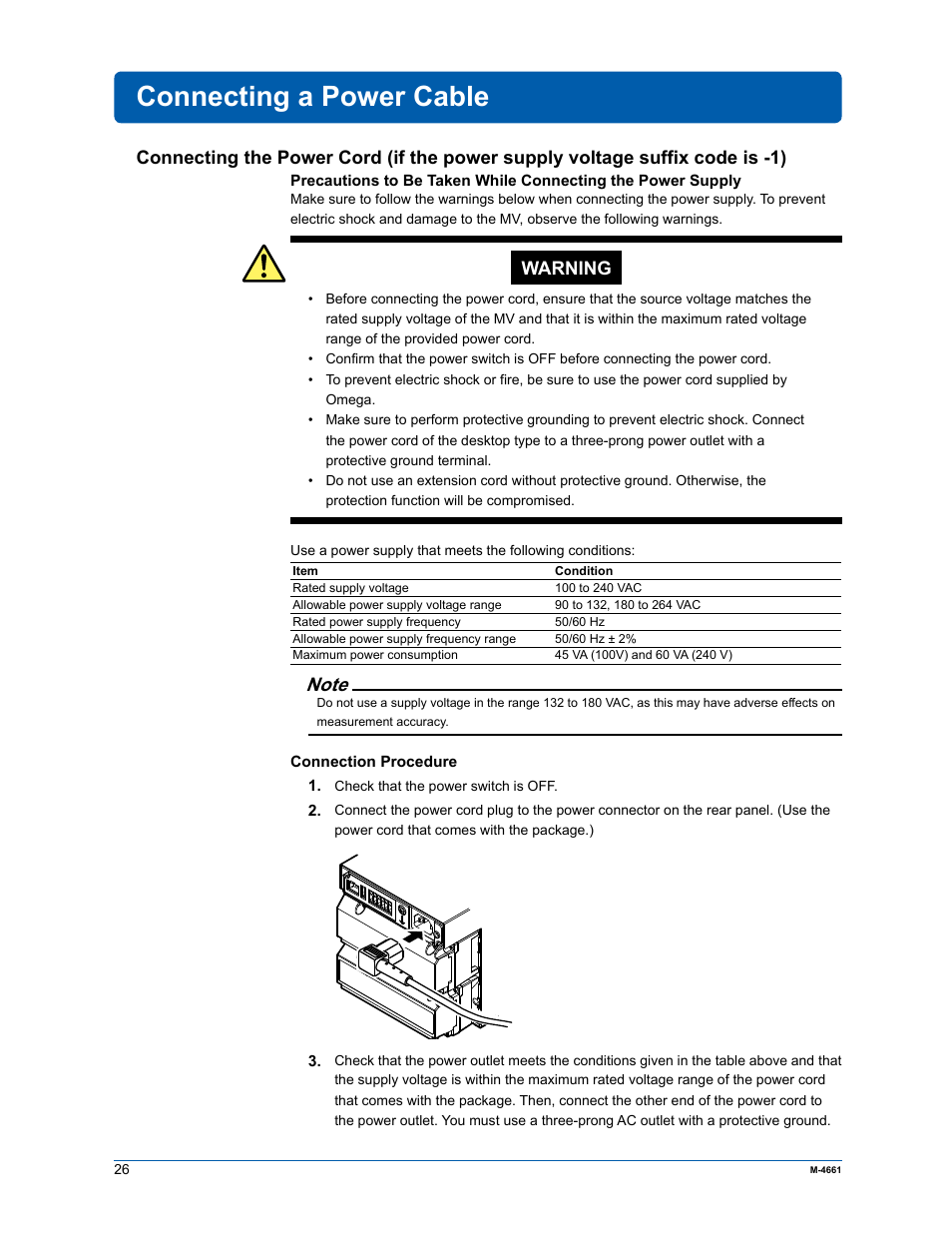 Connecting a power cable, Warning | Yokogawa Button Operated MV2000 User Manual | Page 25 / 55