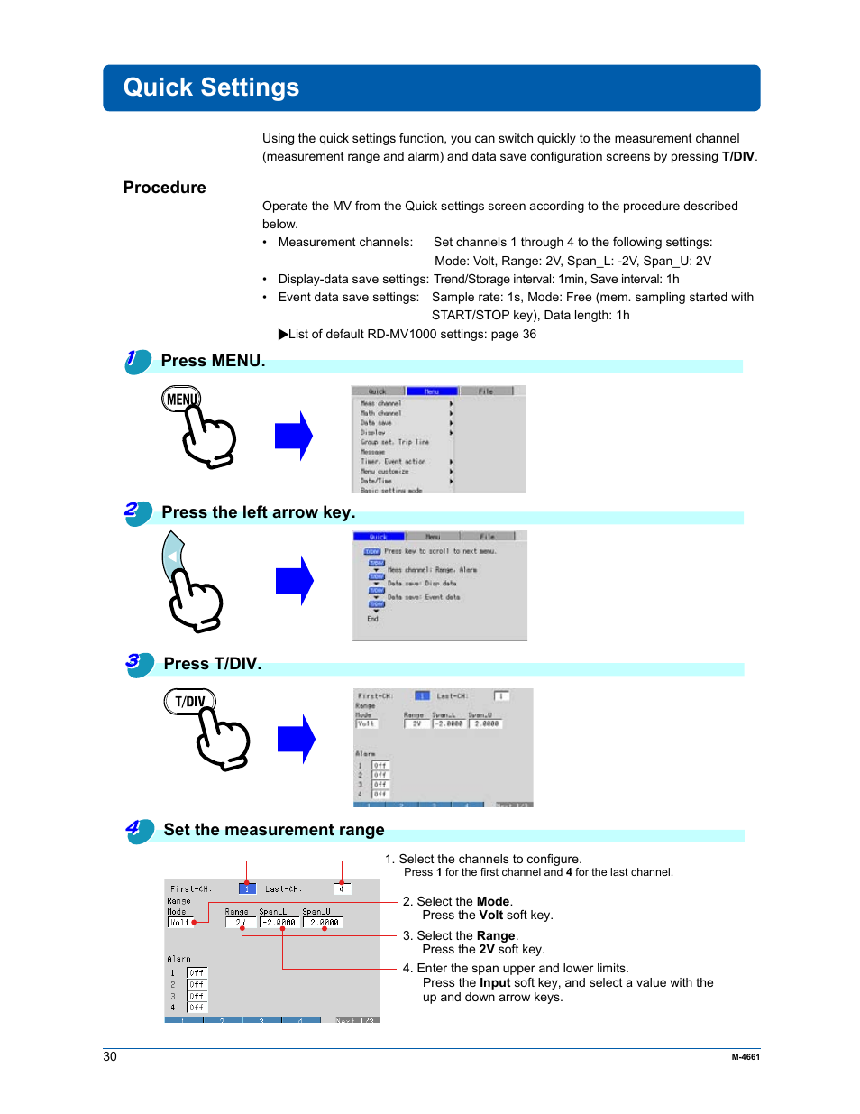 Quick settings | Yokogawa Button Operated MV2000 User Manual | Page 29 / 55