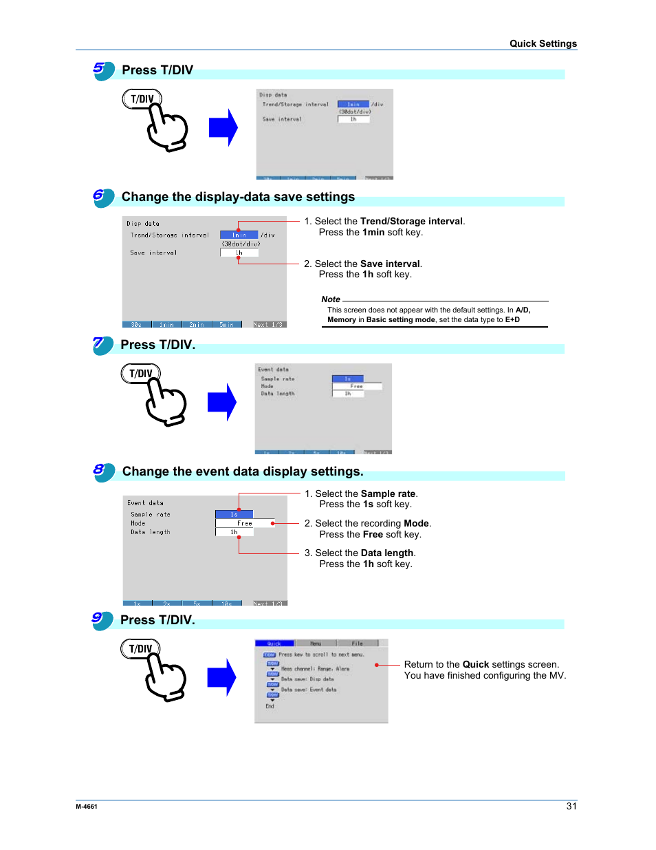 Press t/div change the display-data save settings, Press t/div | Yokogawa Button Operated MV2000 User Manual | Page 30 / 55