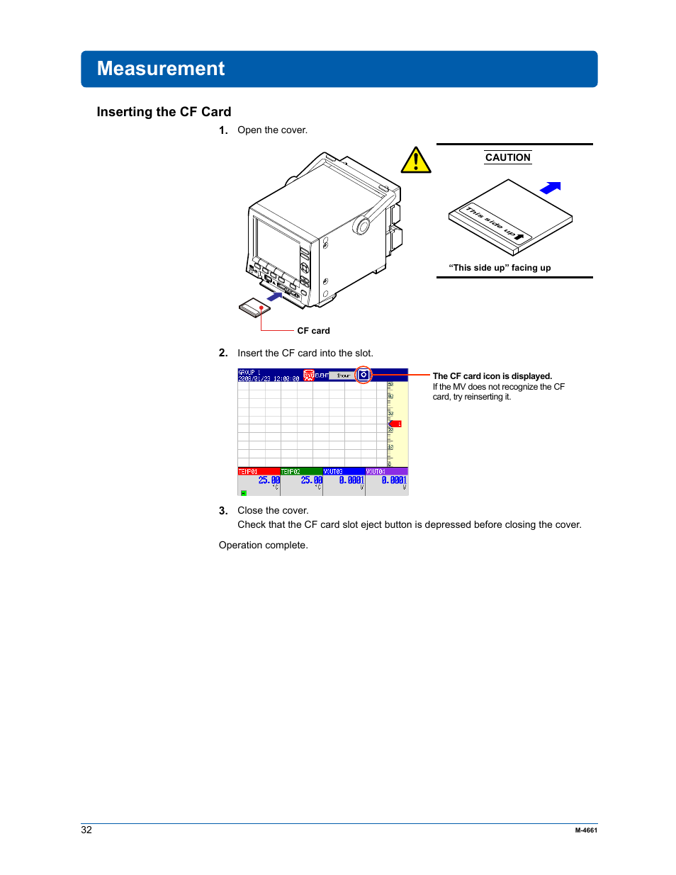 Measurement, Inserting the cf card | Yokogawa Button Operated MV2000 User Manual | Page 31 / 55