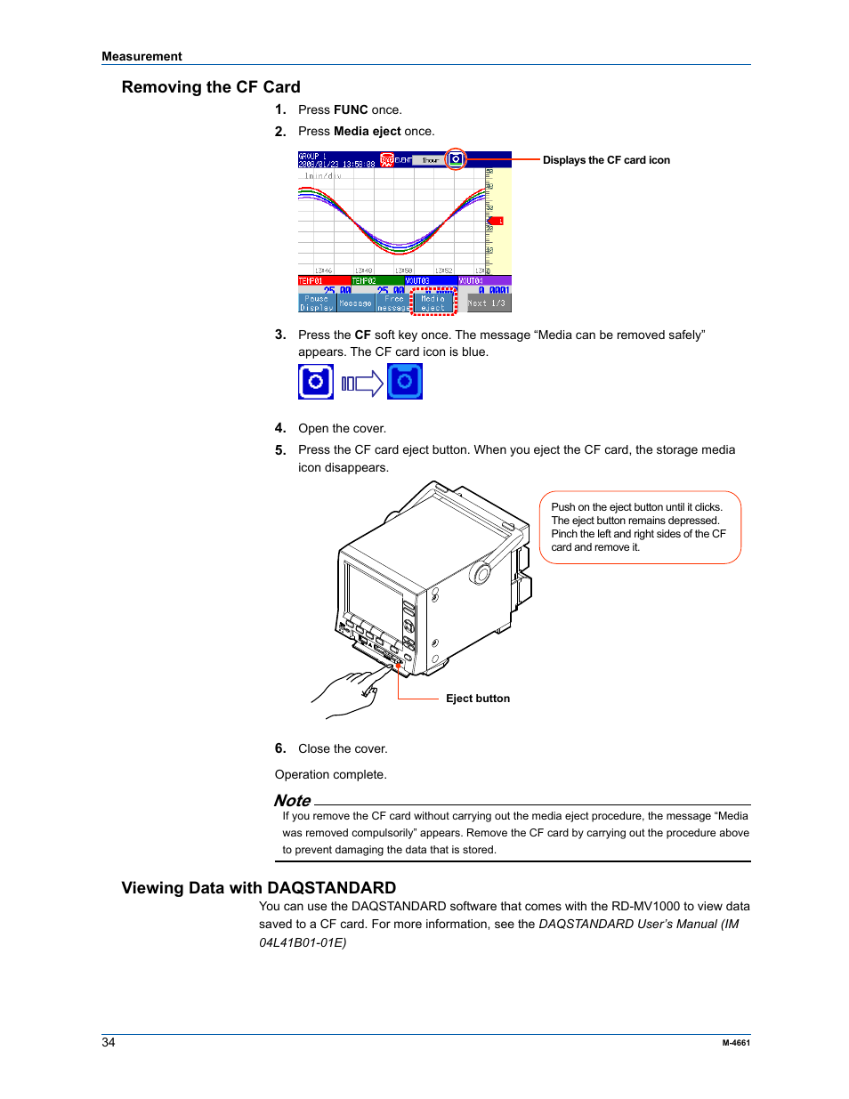 Removing the cf card, Viewing data with daqstandard | Yokogawa Button Operated MV2000 User Manual | Page 33 / 55