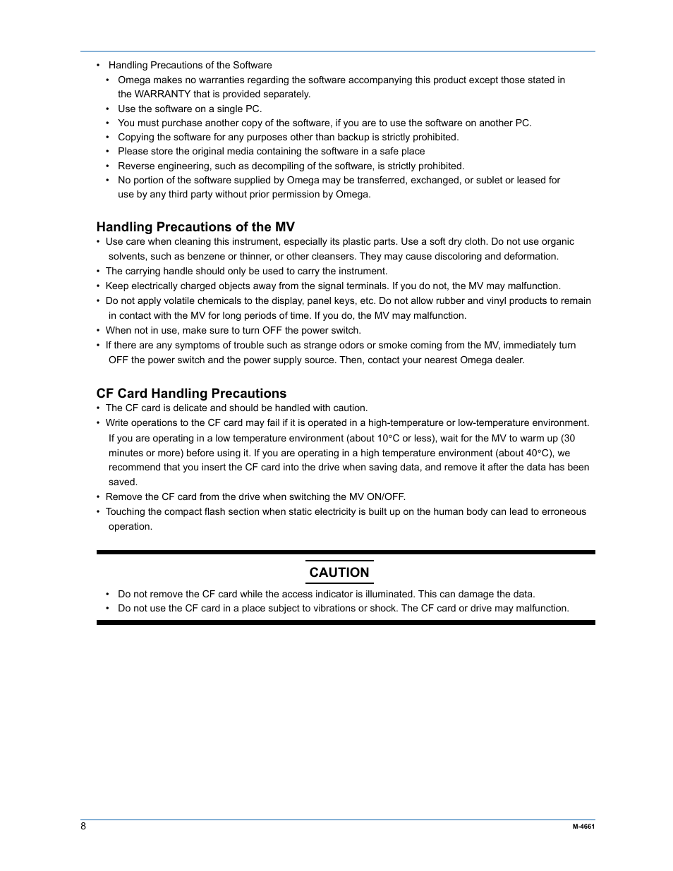 Handling precautions of the mv, Cf card handling precautions, Caution | Yokogawa Button Operated MV2000 User Manual | Page 7 / 55