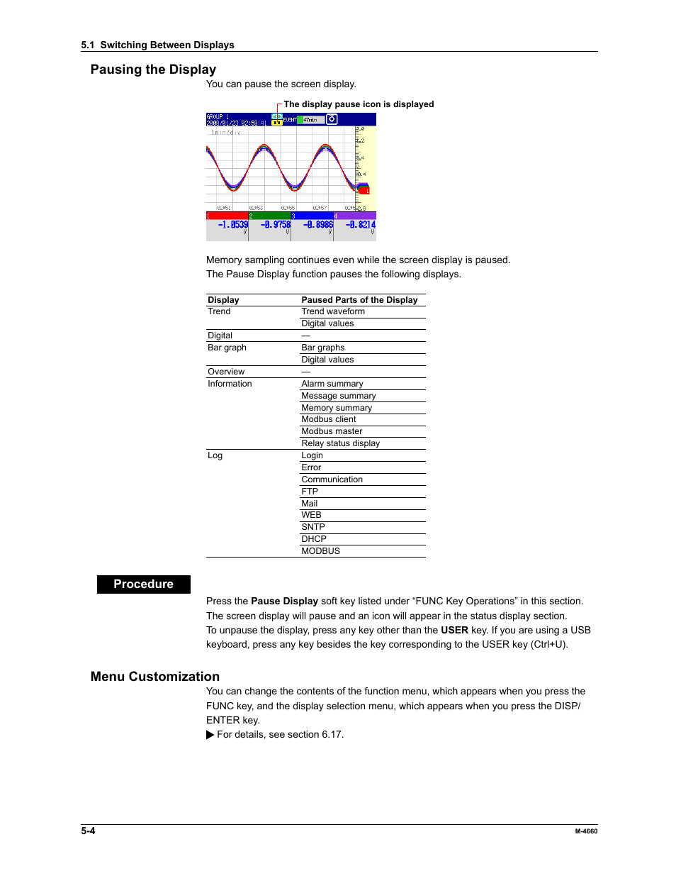 Pausing the display, Menu customization, Procedure | Yokogawa Button Operated MV2000 User Manual | Page 120 / 301