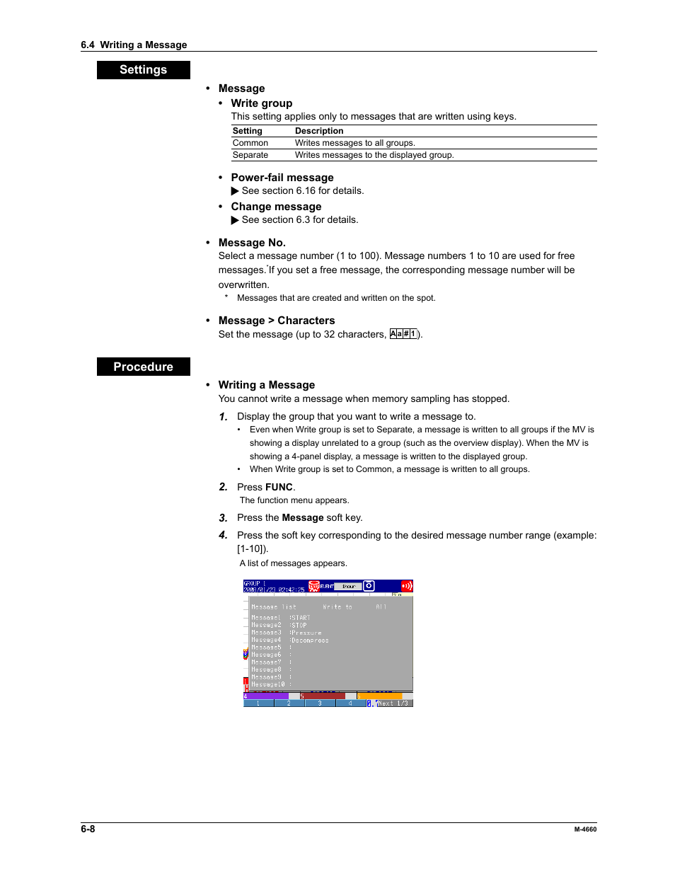 Settings, Procedure | Yokogawa Button Operated MV2000 User Manual | Page 156 / 301