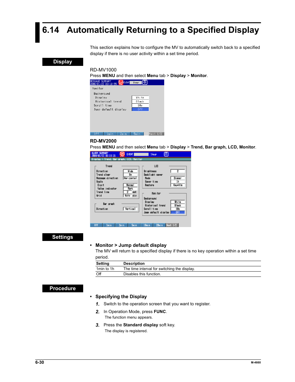 14 automatically returning to a specified display | Yokogawa Button Operated MV2000 User Manual | Page 178 / 301