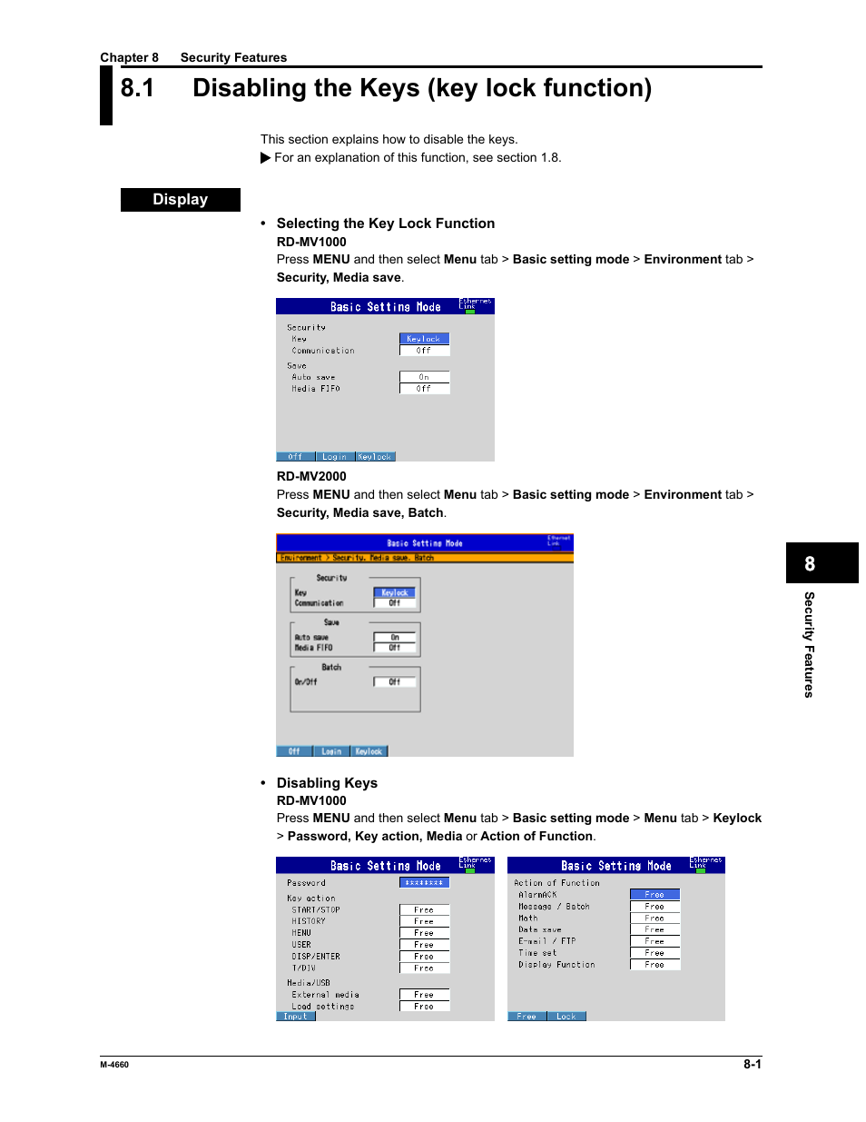 1 disabling the keys (key lock function) | Yokogawa Button Operated MV2000 User Manual | Page 194 / 301