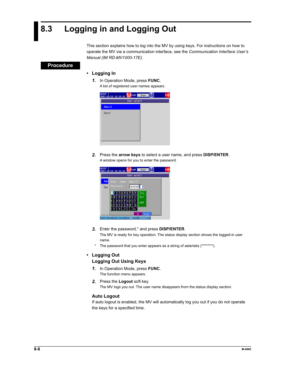 3 logging in and logging out | Yokogawa Button Operated MV2000 User Manual | Page 201 / 301