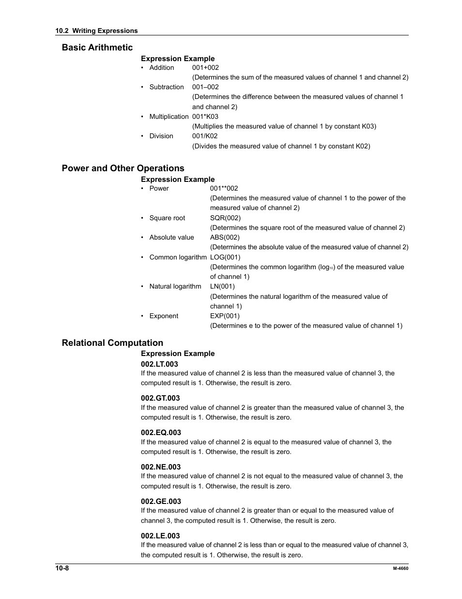 Basic arithmetic, Power and other operations, Relational computation | Yokogawa Button Operated MV2000 User Manual | Page 222 / 301