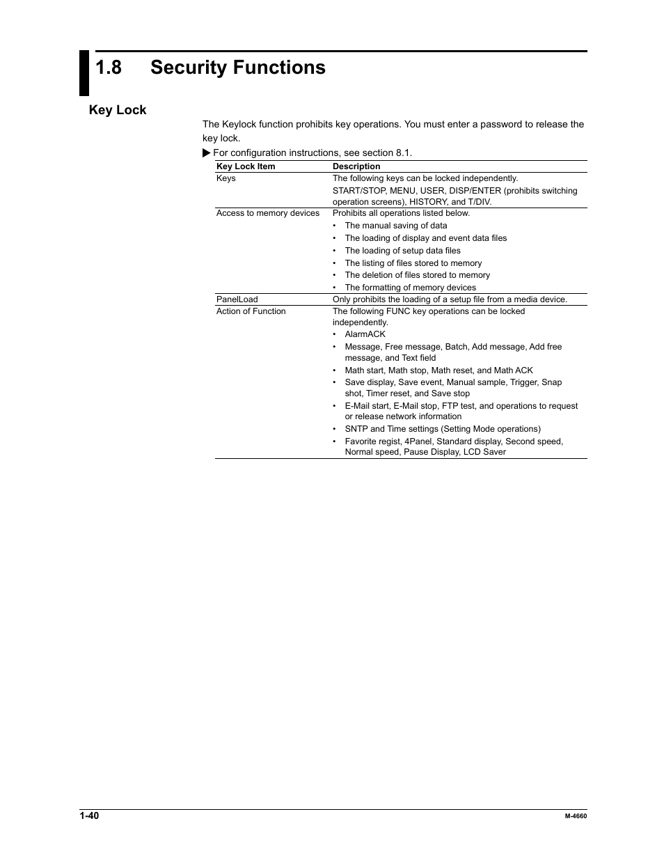 8 security functions, Key lock | Yokogawa Button Operated MV2000 User Manual | Page 47 / 301