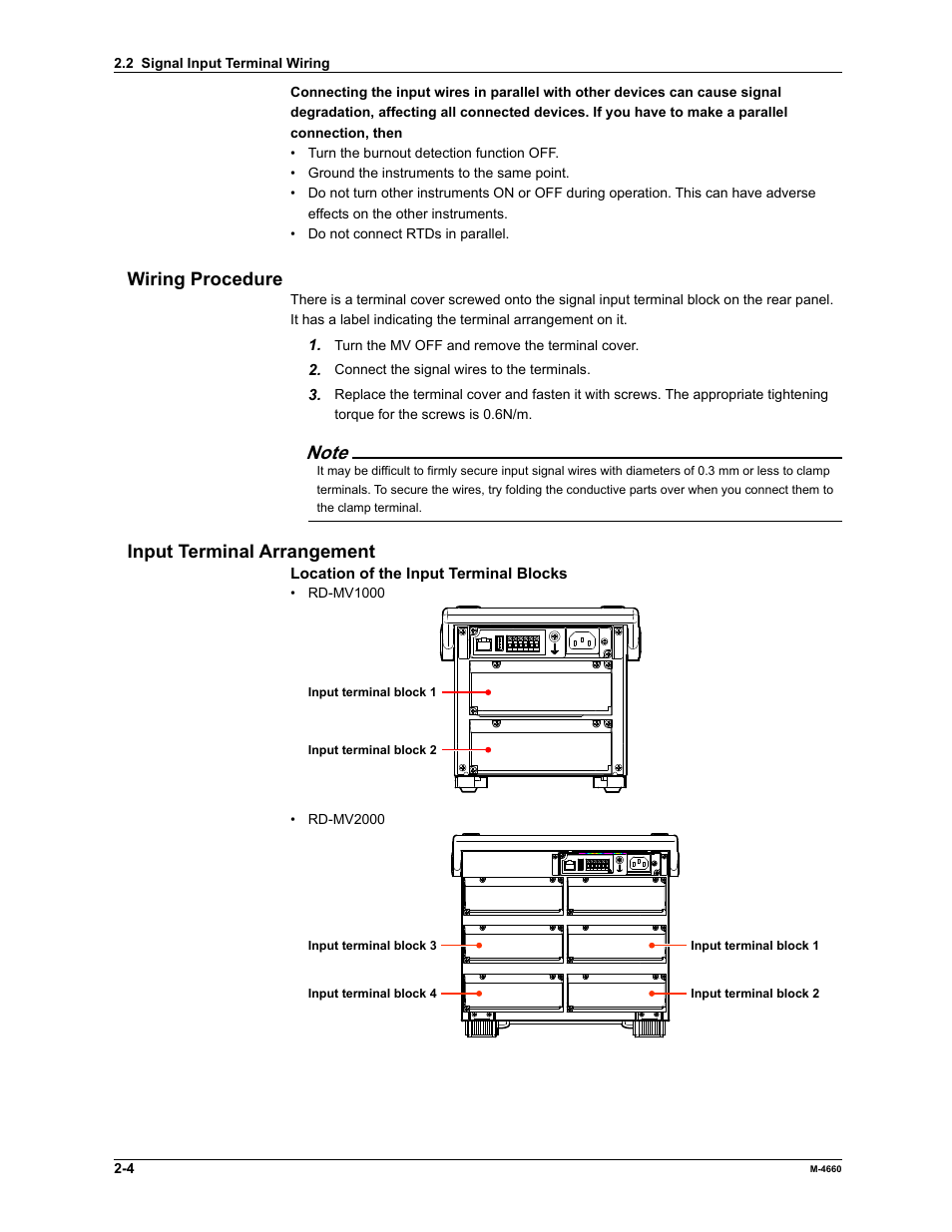 Wiring procedure, Input terminal arrangement | Yokogawa Button Operated MV2000 User Manual | Page 62 / 301