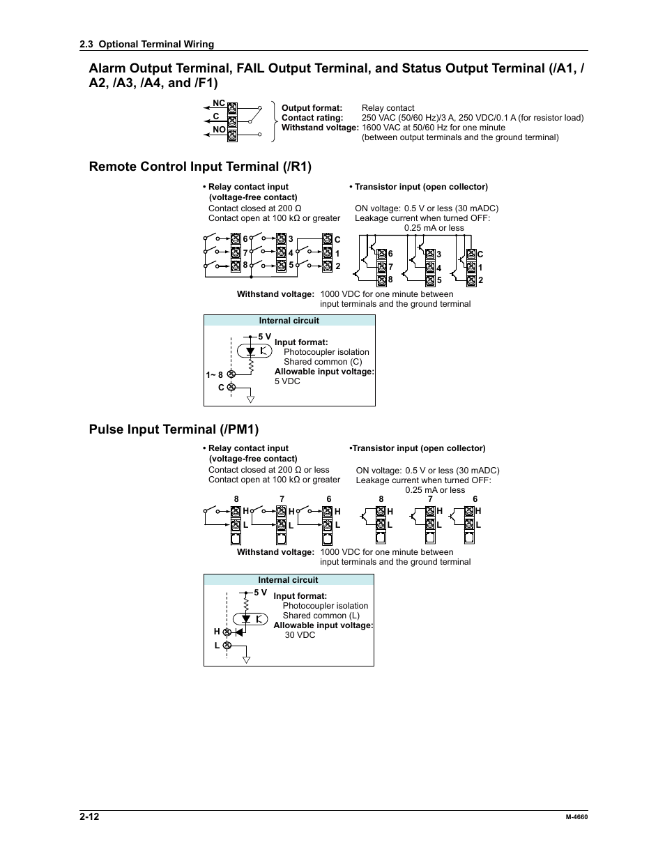 Remote control input terminal (/r1), Pulse input terminal (/pm1) | Yokogawa Button Operated MV2000 User Manual | Page 70 / 301