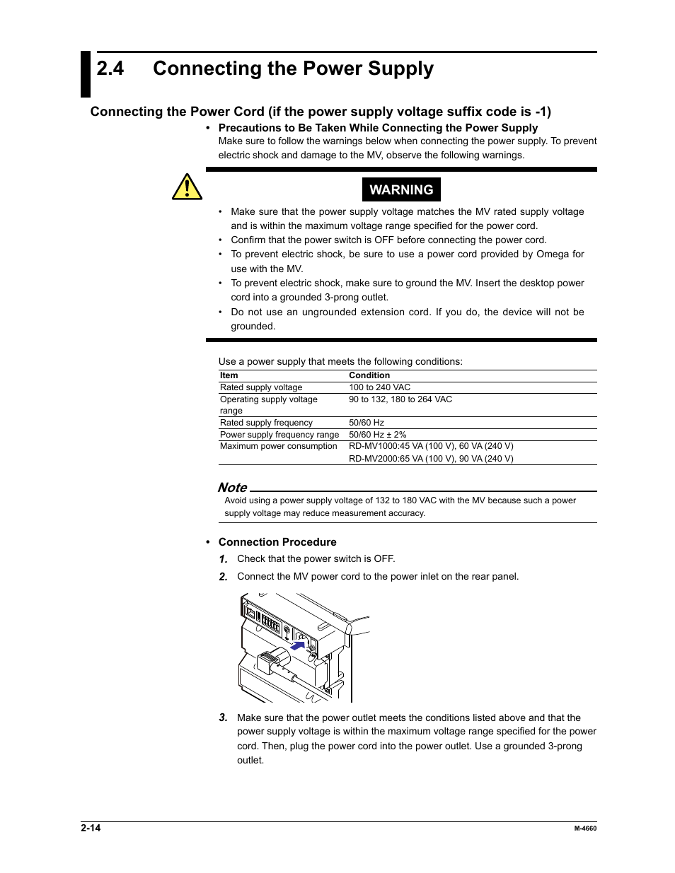 4 connecting the power supply, Warning | Yokogawa Button Operated MV2000 User Manual | Page 72 / 301