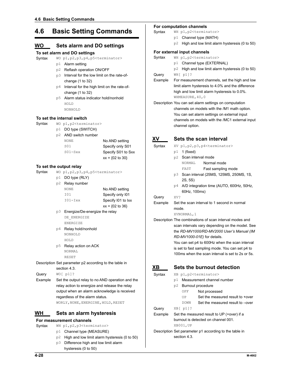 6 basic setting commands, Wo sets alarm and do settings, Wh sets an alarm hysteresis | Xv sets the scan interval, Xb sets the burnout detection | Yokogawa Button Operated MV2000 User Manual | Page 101 / 177