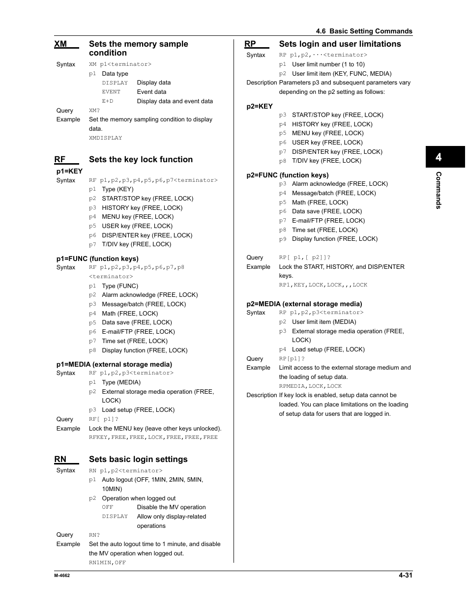 App index, Rf sets the key lock function, Rn sets basic login settings | Rp sets login and user limitations | Yokogawa Button Operated MV2000 User Manual | Page 104 / 177