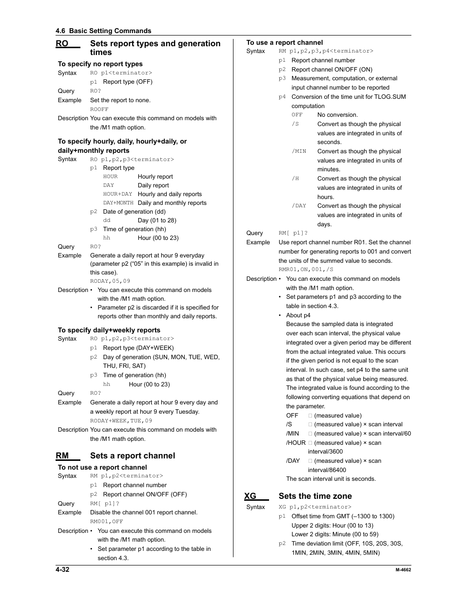 Ro sets report types and generation times, Rm sets a report channel, Xg sets the time zone | Yokogawa Button Operated MV2000 User Manual | Page 105 / 177