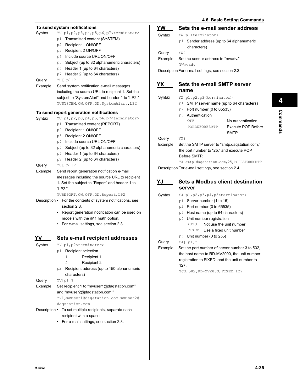 App index, Yv sets e-mail recipient addresses, Yw sets the e-mail sender address | Yx sets the e-mail smtp server name, Yj sets a modbus client destination server | Yokogawa Button Operated MV2000 User Manual | Page 108 / 177